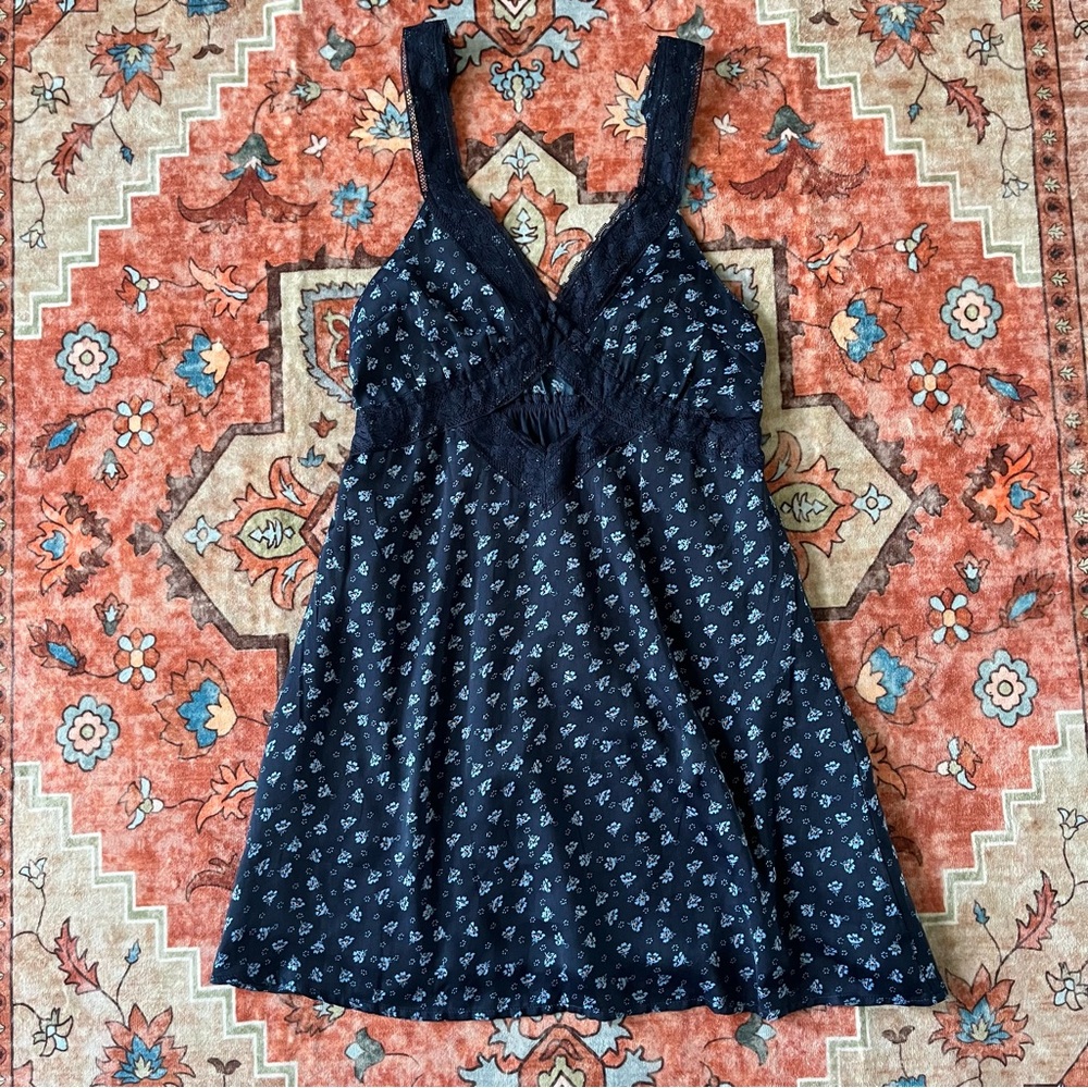 AEO Navy Floral Satin Mini Dress